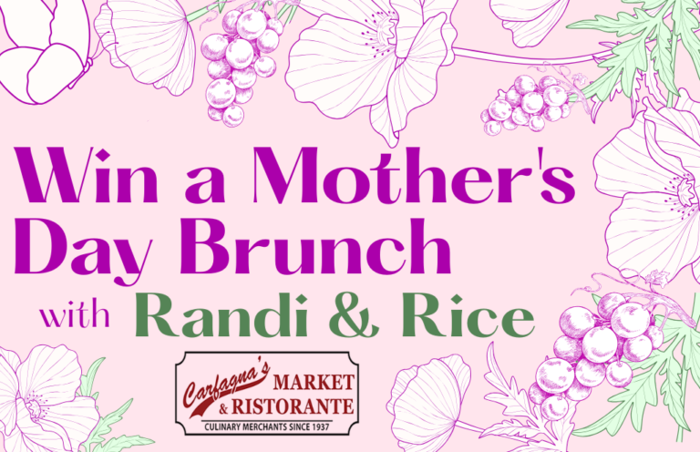Promotional banner for a Mother's Day Brunch with Randi & Rice on a pink floral background, featuring Carnagna's Market & Ristorante logo.