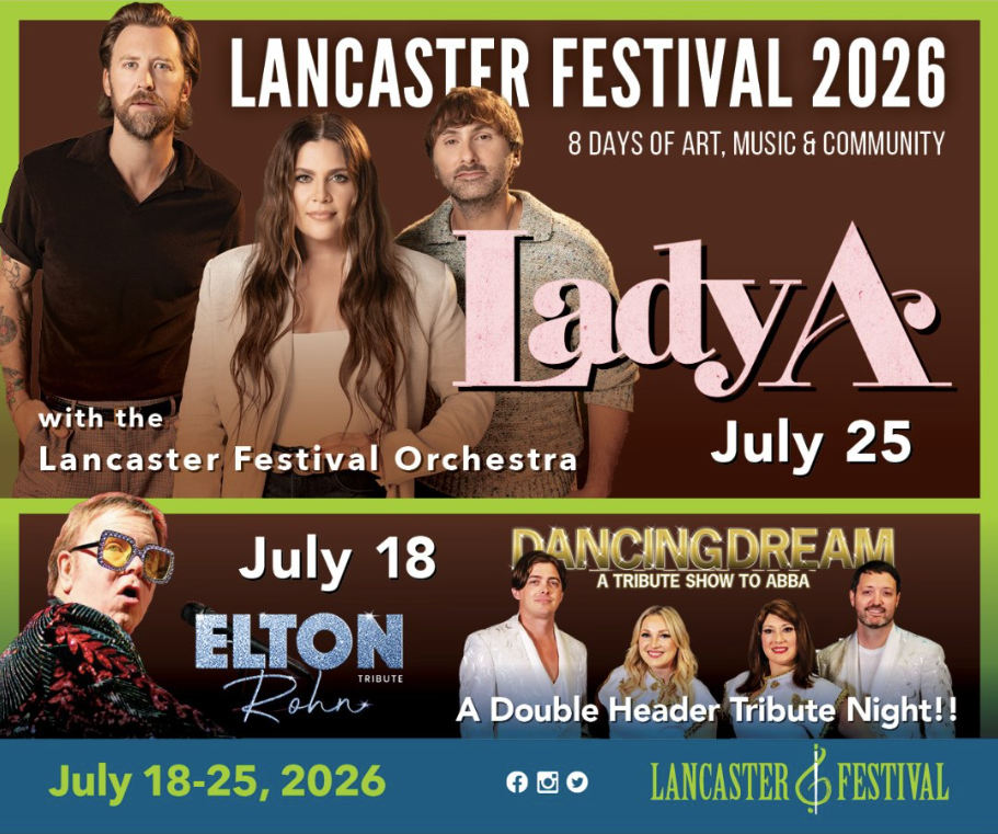 Poster for Lancaster Festival 2026 with three artists at the top, bold 'LANCASTER FESTIVAL 2026' text, and dates shown for July; lower banner advertises Elton John tribute and Dancing Dream tribute night.