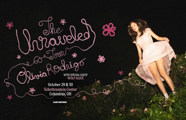 Concert poster-style image: pink cursive title on a black background, a woman in a pink dress leaping among vines and flowers, with event details (date, venue, Columbus, OH) and 'Live Nation' at the bottom.