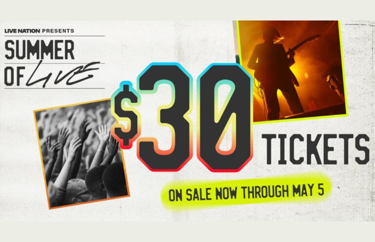 Promotional concert poster advertising 'Summer of Love' with $30 tickets and sale through May 5; includes crowd hands and a guitarist on stage in neon-framed photos.