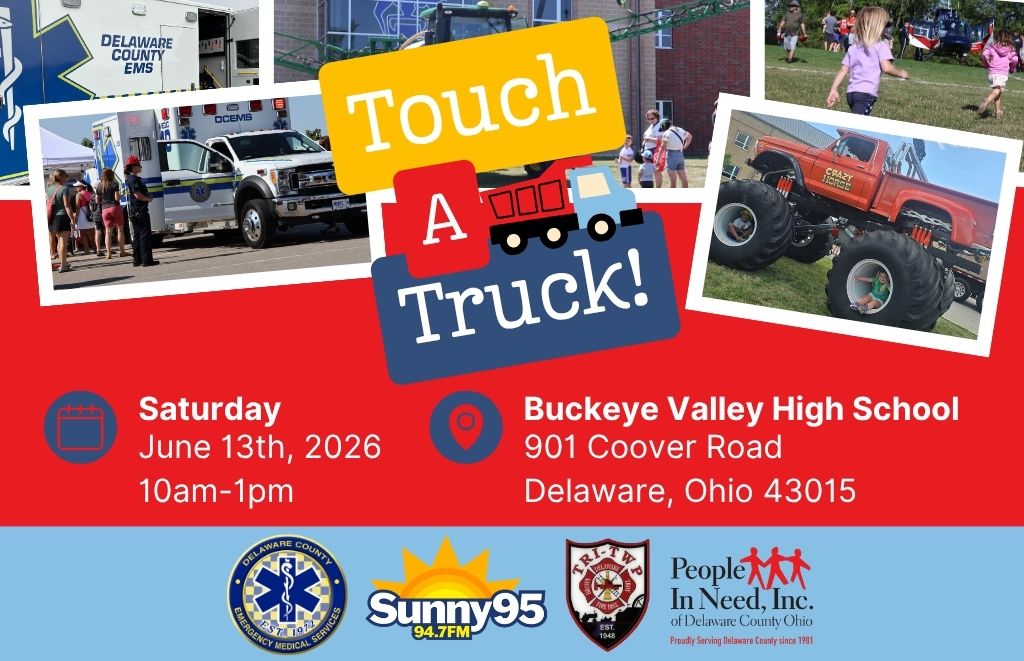 Touch A Truck event poster with trucks and emergency vehicles; Buckeye Valley High School, 901 Coover Rd, Delaware, OH 43015; June 13, 2026, 10am–1pm.