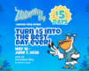 Promotional banner for Zoombezi Bay: 'Turn $5 into the best day ever' with a cartoon duck mascot, May 16–June 7, 2026.