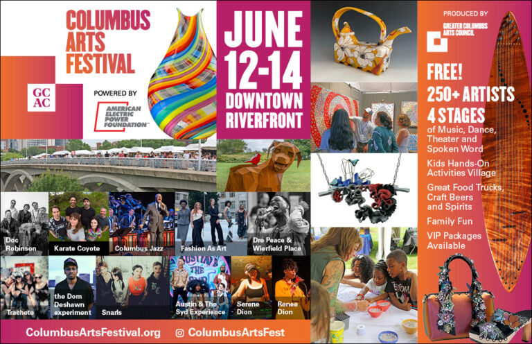 Columbus Arts Festival poster with bold dates June 12–14, riverfront banner, colorful art, and artist photos on a collage.