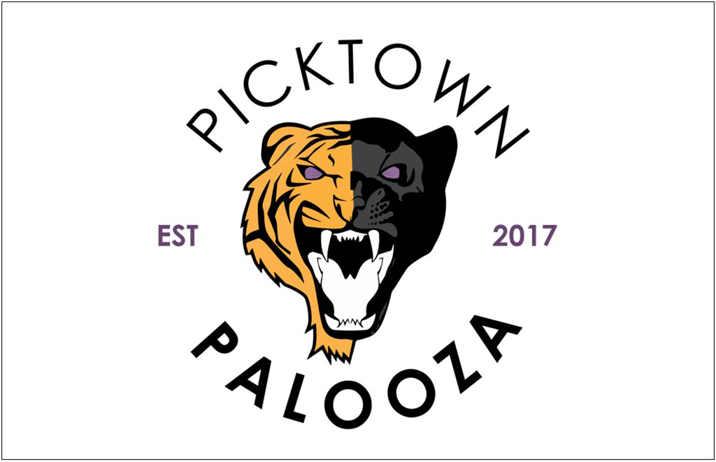 Logo for Picktown Palooza featuring a split orange and black tiger head with the text EST 2017 around it.
