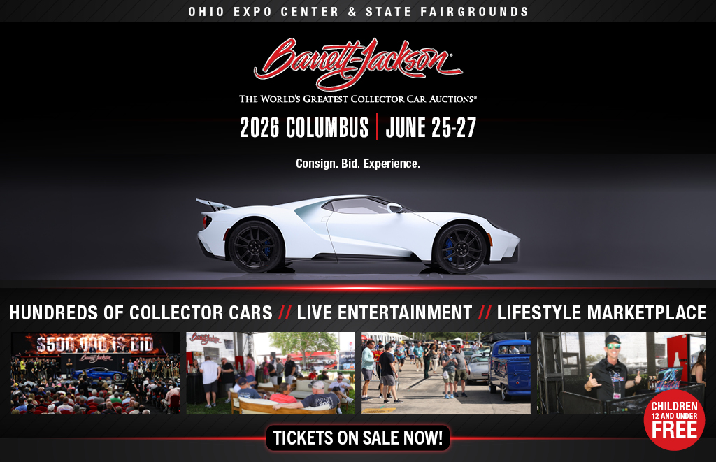 Promotional banner for Barnett-Jackson collector car auction in Columbus, June 25–27, 2026, featuring a white sports car and a 'Tickets on sale now' CTA.