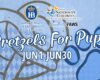 Banner for Pretzels For Pups fundraiser, June 1–30, with sponsor logos and a blue paw-print background.