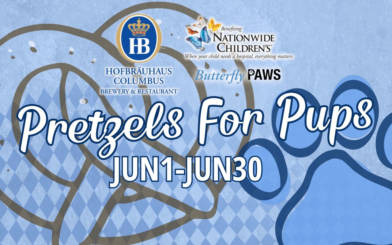 Banner for Pretzels For Pups fundraiser, June 1–30, with sponsor logos and a blue paw-print background.