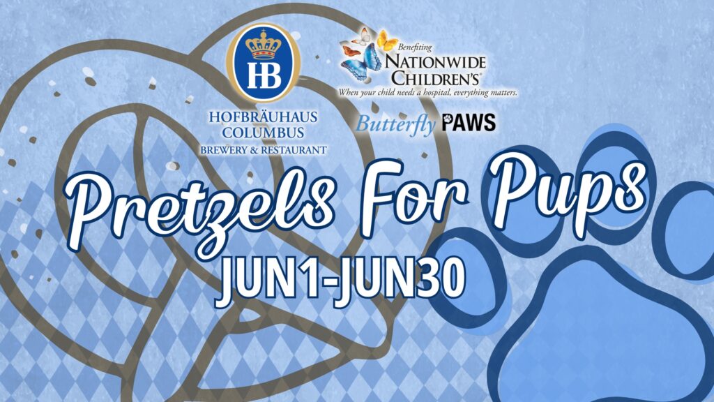 Banner for Pretzels For Pups fundraiser, June 1–30, with sponsor logos and a blue paw-print background.