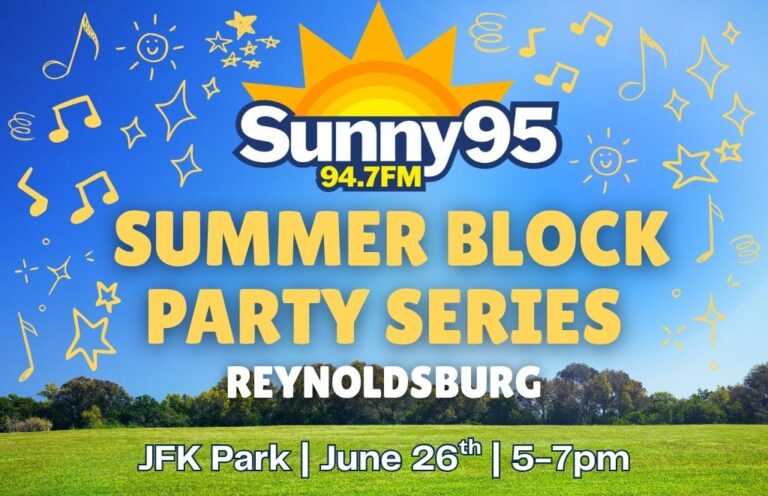 Banner announcing Sunny95 Summer Block Party Series in Reynoldsburg at JFK Park, June 26, 5–7pm.