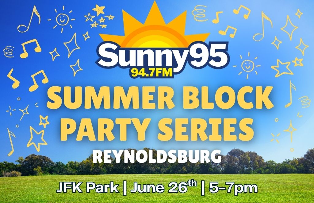 Banner announcing Sunny95 Summer Block Party Series in Reynoldsburg at JFK Park, June 26, 5–7pm.