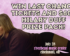 Promotional banner with a woman lounging on a pink background; bold text advertises last-chance tickets and a Hilary Duff prize pack, July 28 at Riverbend Music Center, Cincinnati, OH.