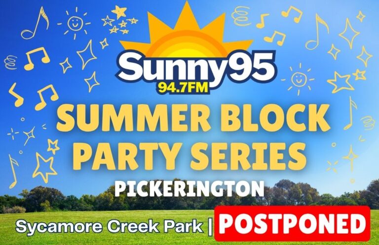 Poster for Sunny95 Summer Block Party Series in Pickerington at Sycamore Creek Park, with a red POSTPONED banner.